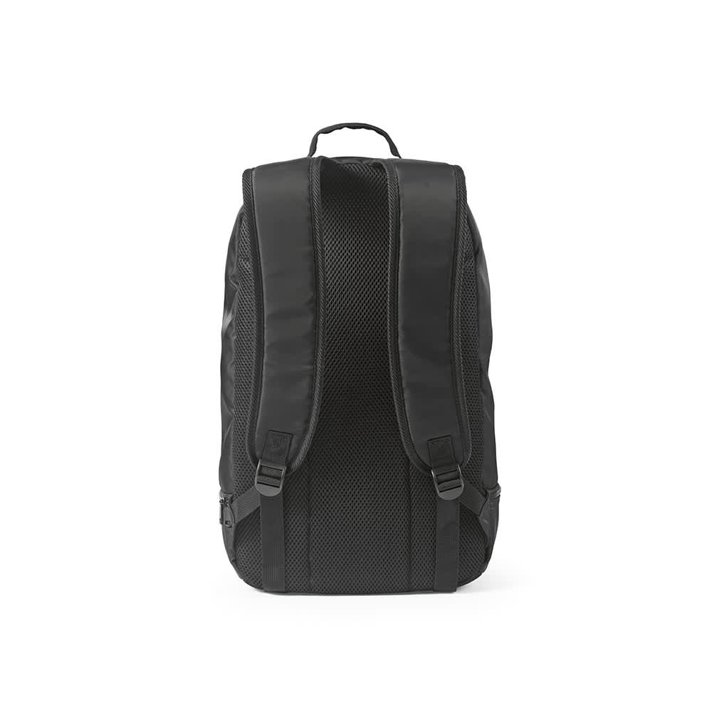 A black backpack with mesh straps and reflective front strips, featuring a logo.