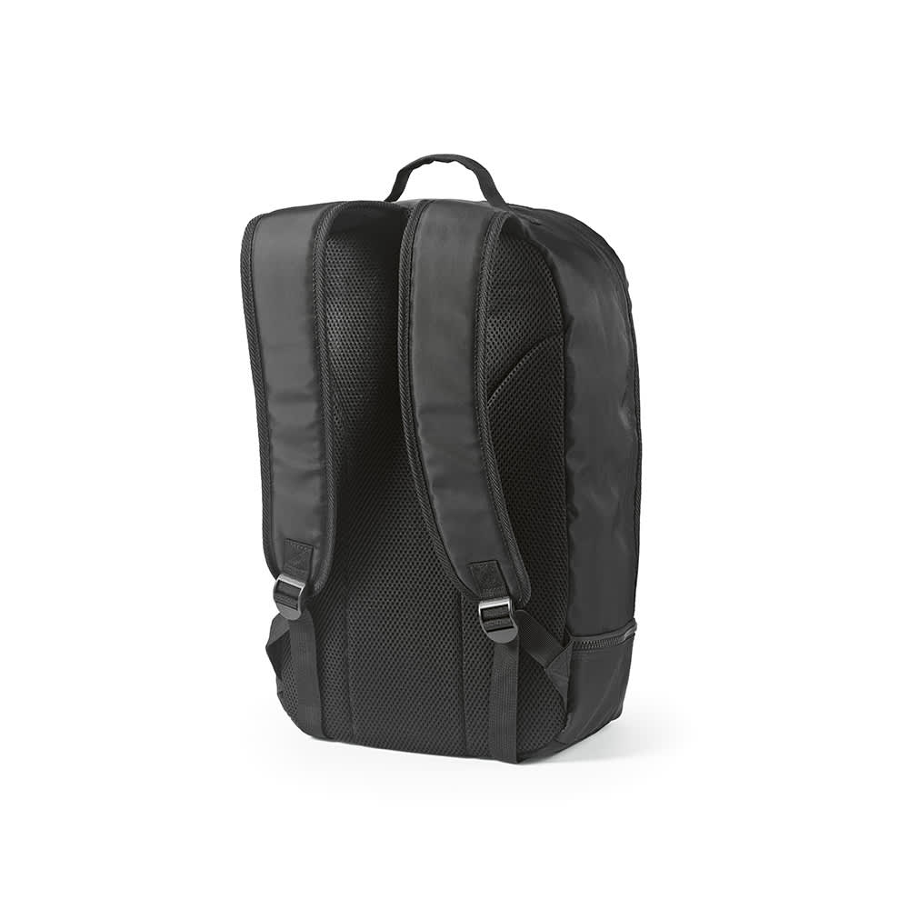 A black backpack with reflective front strips and mesh back panels. It features adjustable shoulder straps and a top handle.