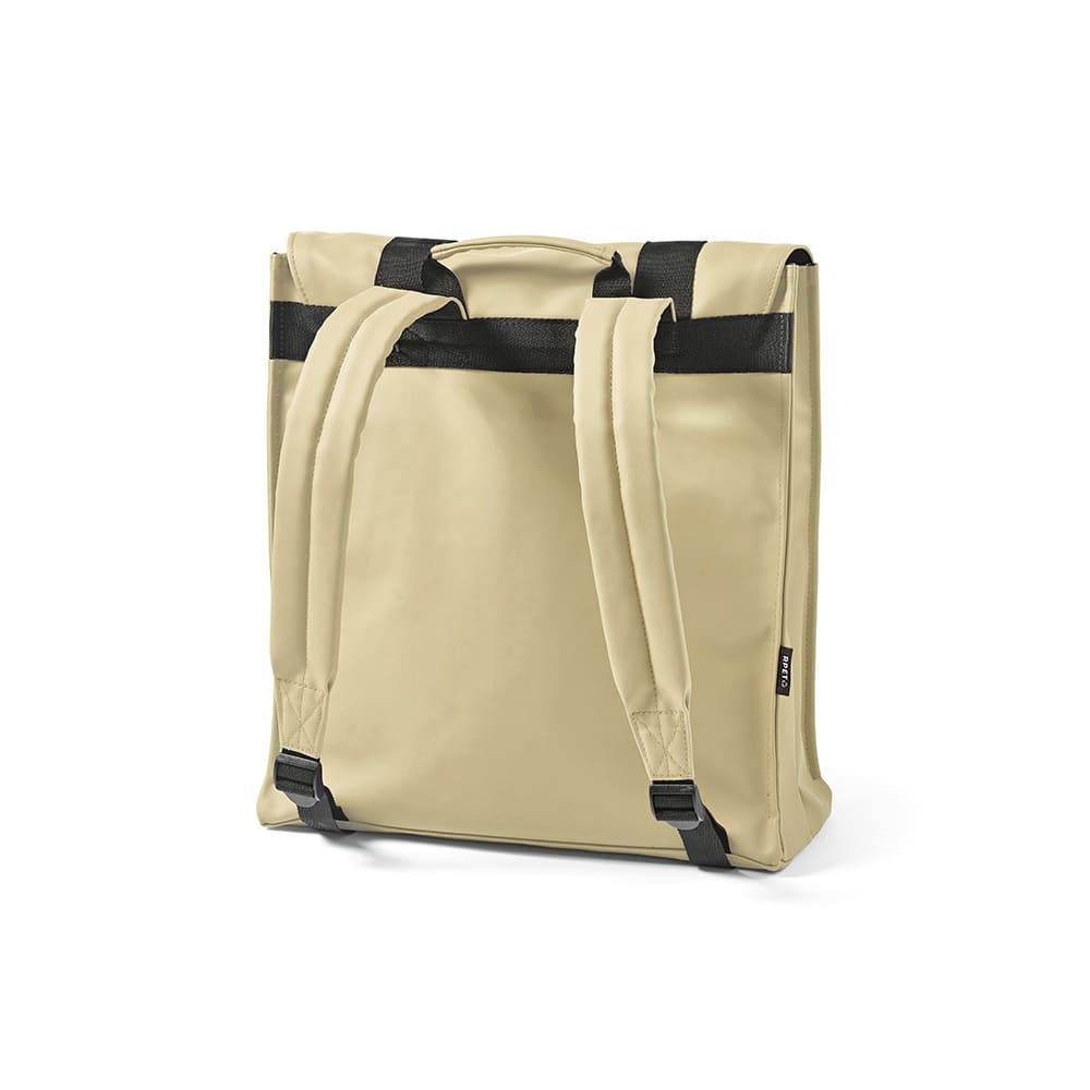 A beige backpack with black straps, featuring a logo, designed to fit a 17" laptop.