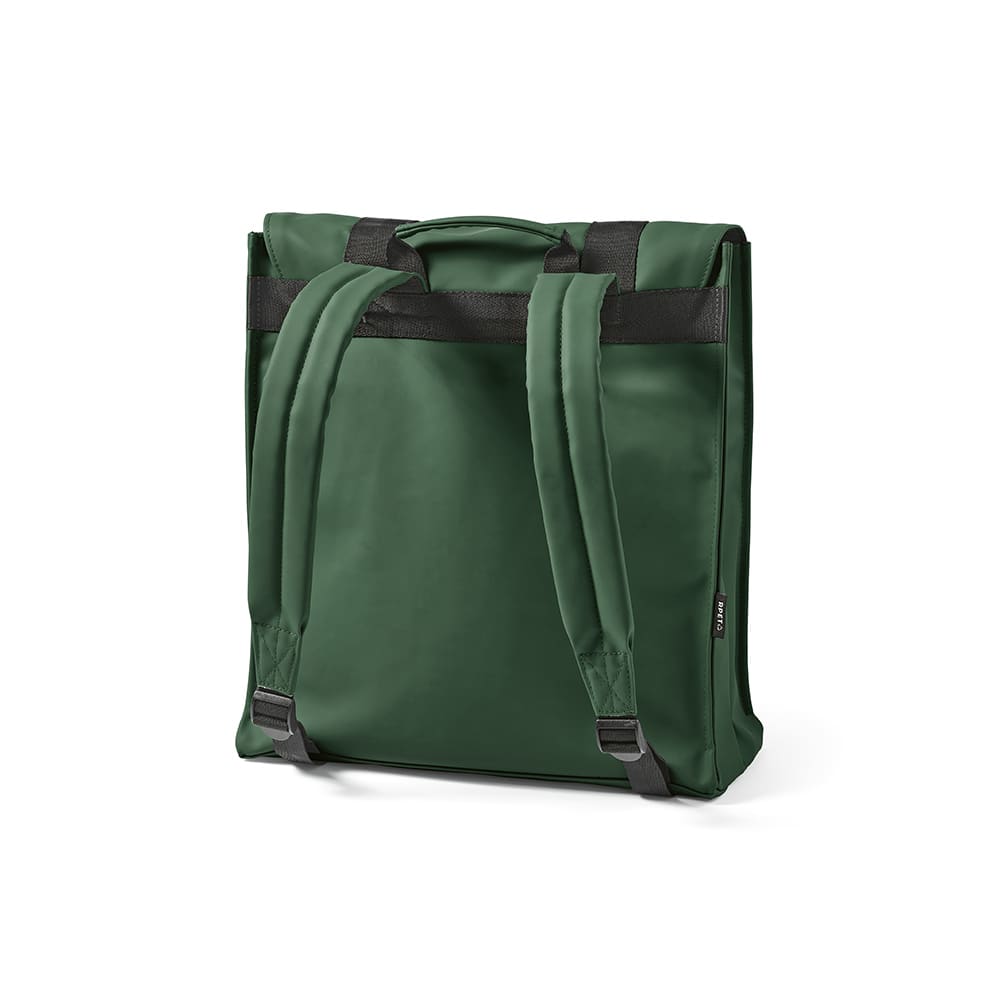 A green backpack with padded shoulder straps, designed to fit a 17" laptop. It features a logo on the front.