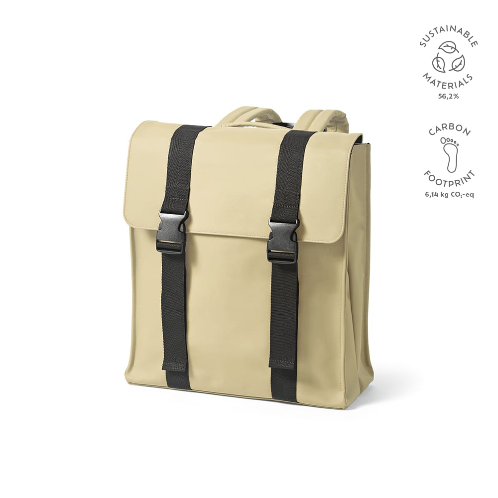 A beige backpack with black straps, made from sustainable materials, featuring a logo on the side. Fits a 17" laptop.