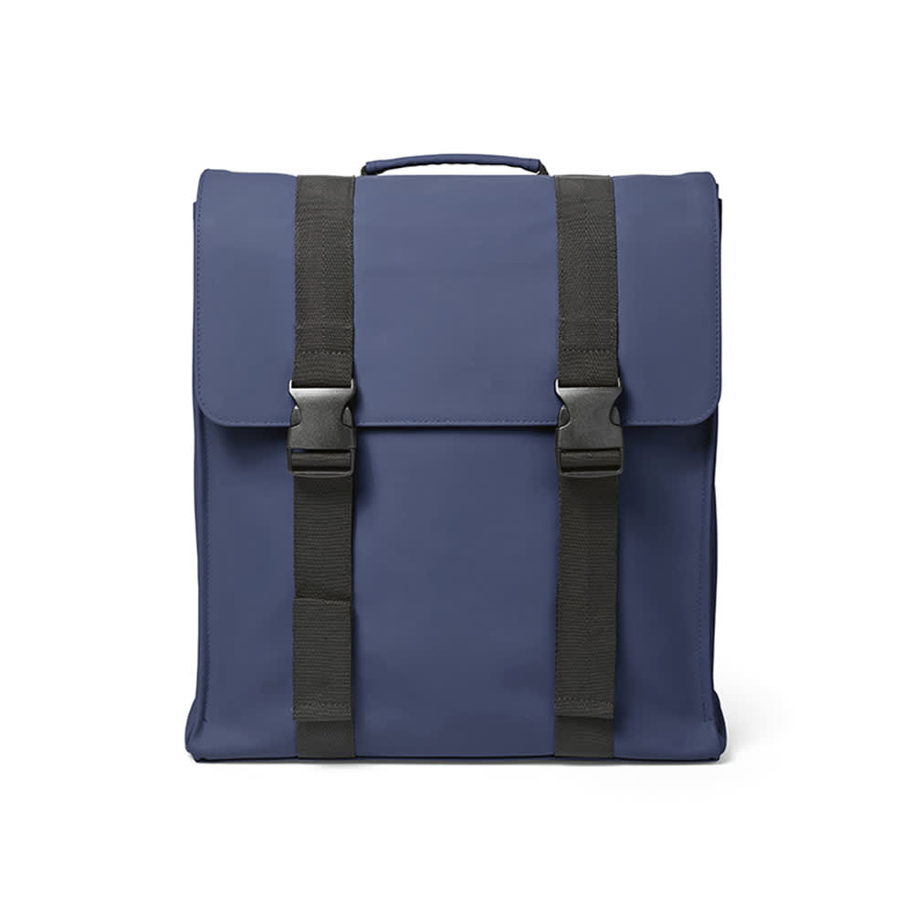A navy blue backpack with black straps and buckles, designed to fit a 17" laptop. It has a logo on the front.