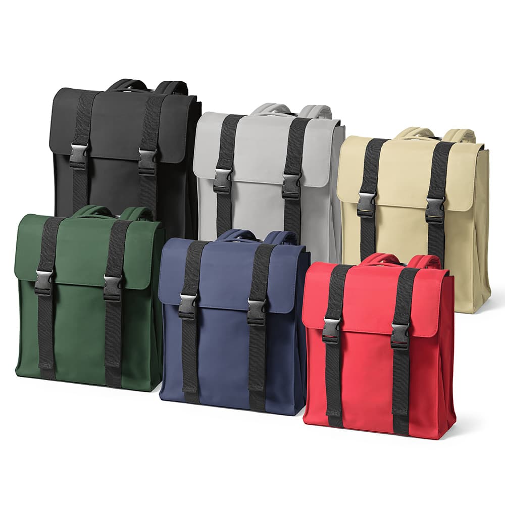 A collection of Edinburgh backpacks in black, grey, khaki, green, navy, and red, featuring adjustable straps and a logo.