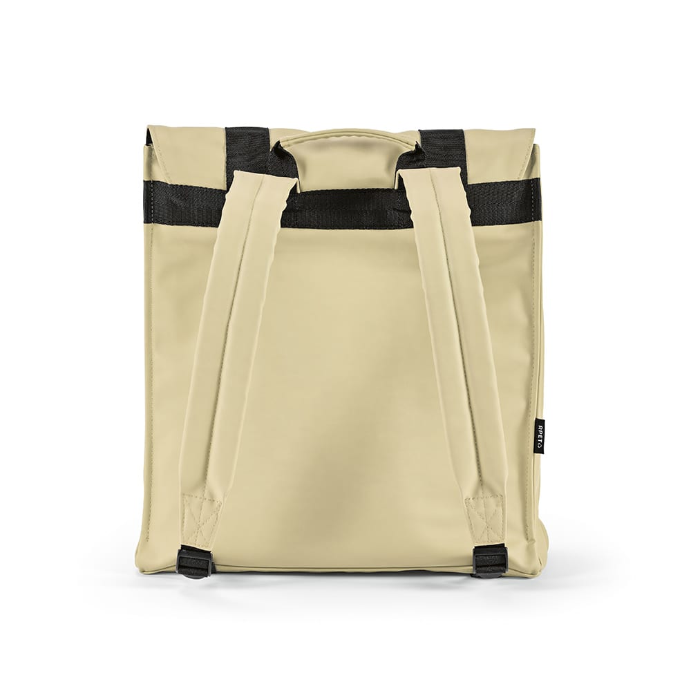 A beige backpack with black straps, featuring a logo and designed to fit a 17" laptop.