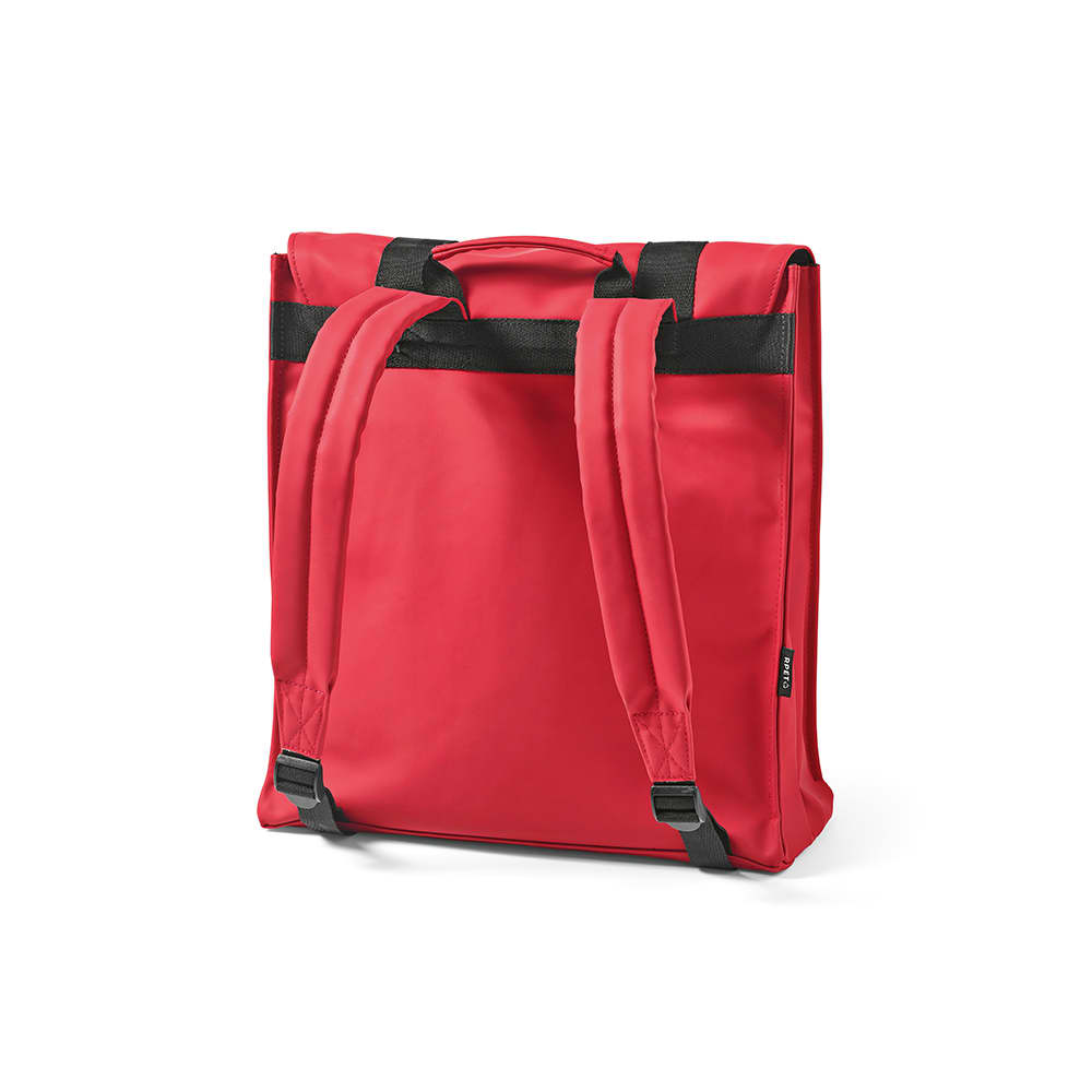 A red backpack with black straps, designed to fit a 17" laptop, featuring a logo.