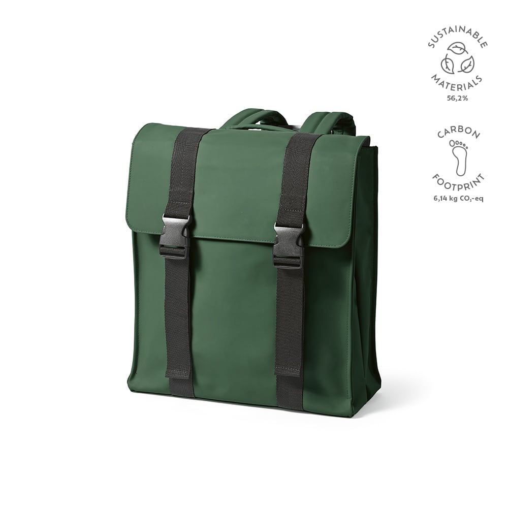 A dark green backpack featuring adjustable straps and a flap closure. It has a logo and is made from sustainable materials.