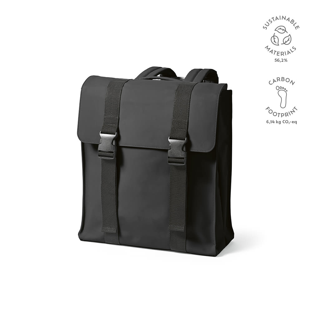 A black backpack with adjustable straps, made from sustainable materials, featuring a logo on the side.