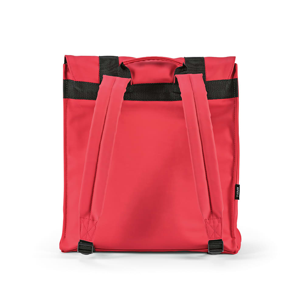 A red backpack with black straps, featuring a logo, designed to fit a 17" laptop.