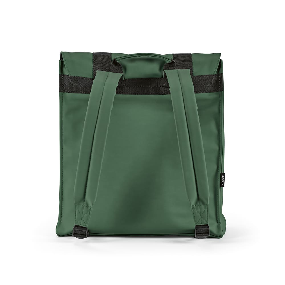 A green backpack with adjustable straps, featuring a sleek design and a logo. Suitable for a 17" laptop.