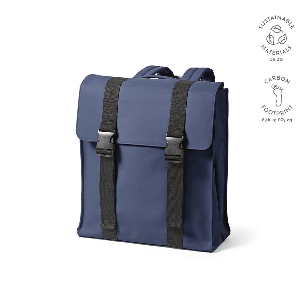 A navy blue backpack featuring adjustable straps and a flap closure. It is made from sustainable materials and has a logo.