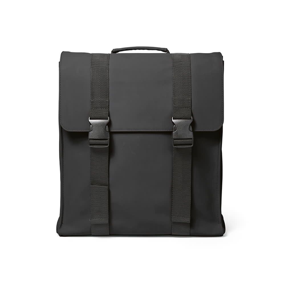 A black backpack with adjustable straps and a flap closure, featuring a logo. Suitable for a 17" laptop.