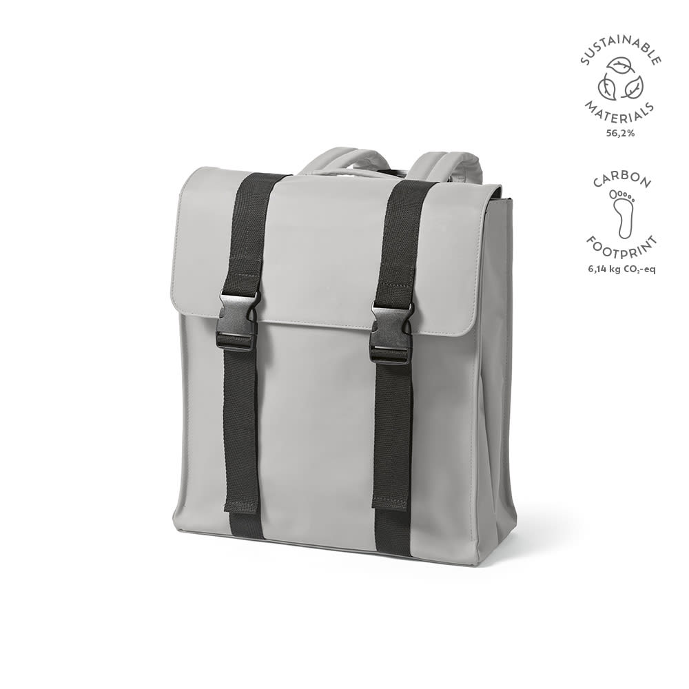 A grey backpack with black straps, made from sustainable materials, designed to fit a 17" laptop.