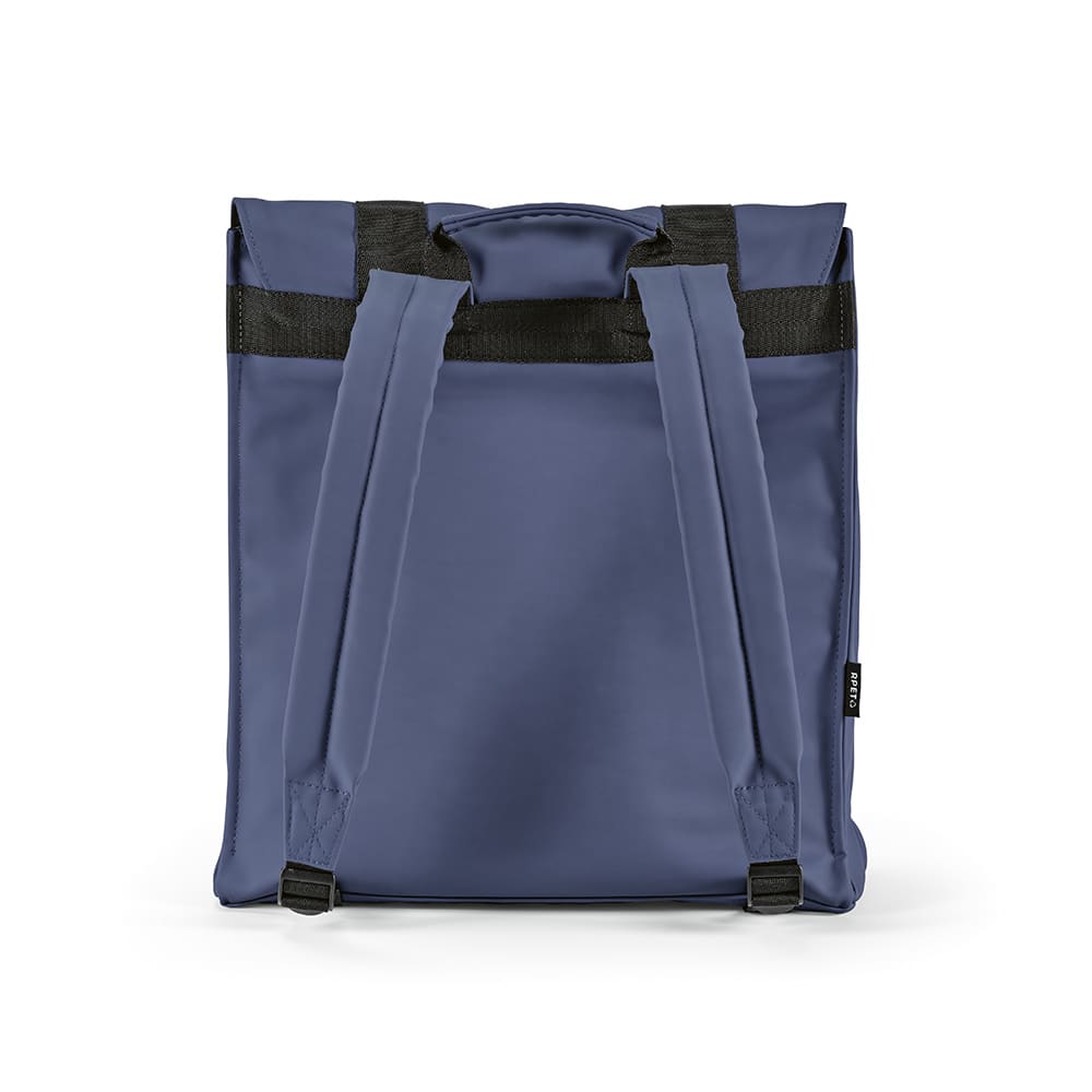 A navy backpack with adjustable straps, designed to hold a 17" laptop and featuring a logo.