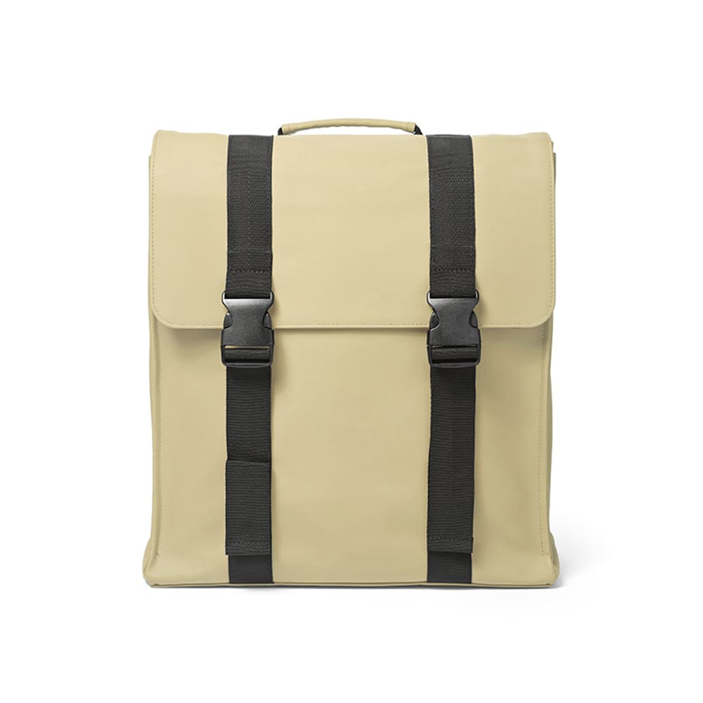 A beige backpack with black straps and buckles, designed to fit a 17" laptop. It features a logo on the front.