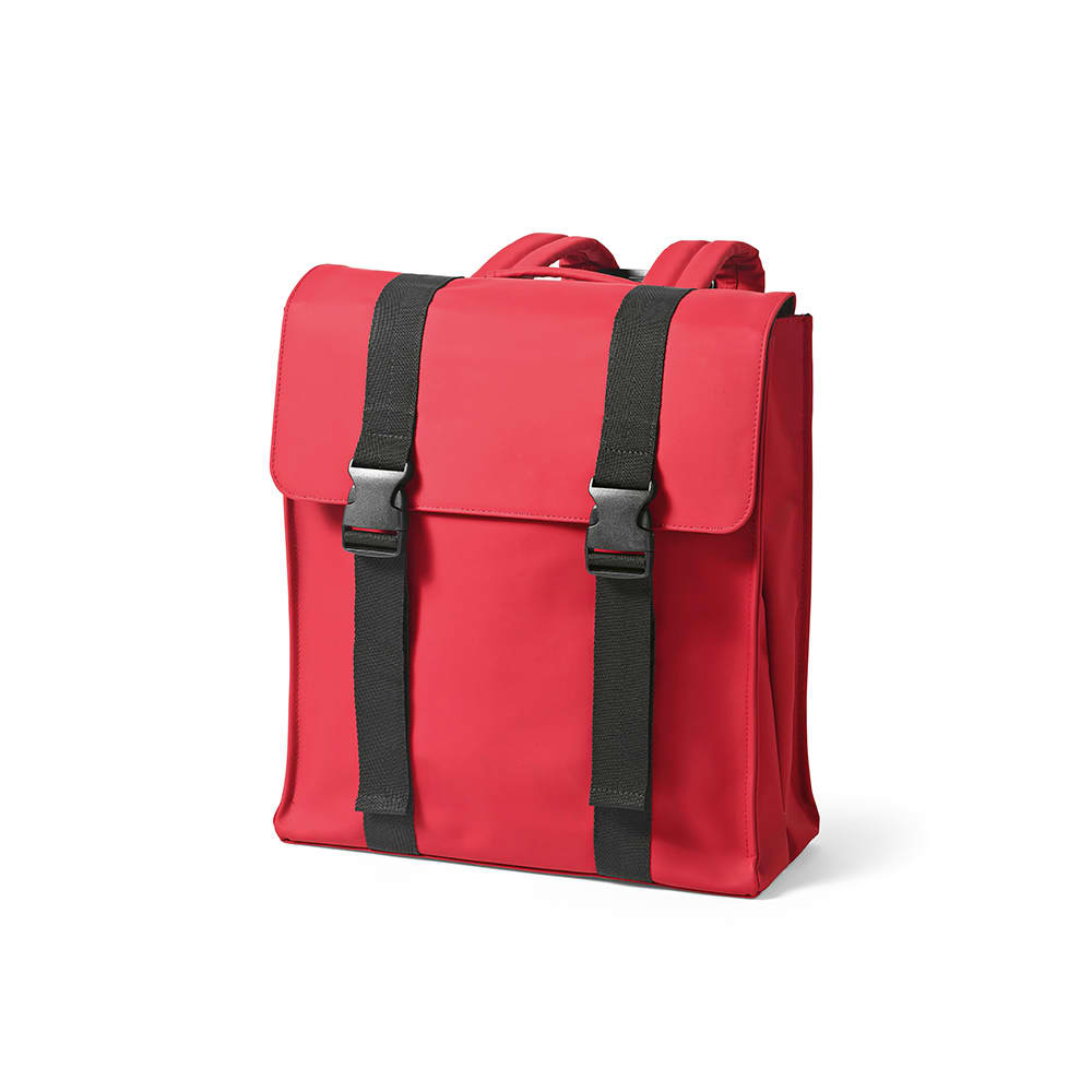 A red backpack with black straps, featuring a flap closure and a compartment for a 17" laptop. It has a logo.