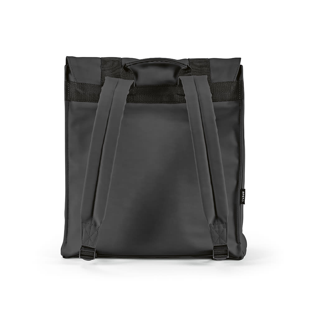 A black backpack with adjustable straps, designed to fit a 17" laptop. It features a logo on the exterior.