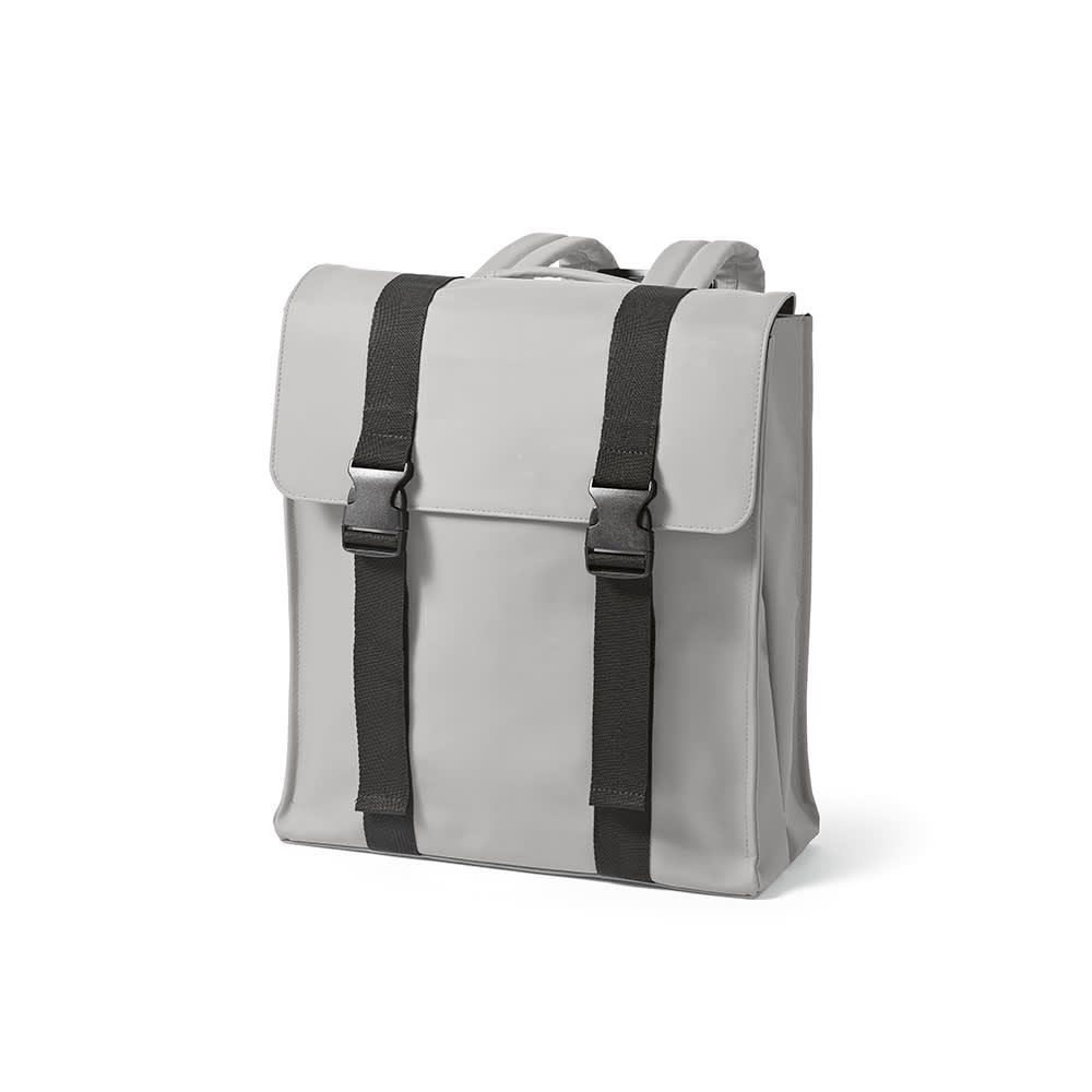 A grey backpack with black straps, featuring a flap closure and logo, designed to fit a 17" laptop.