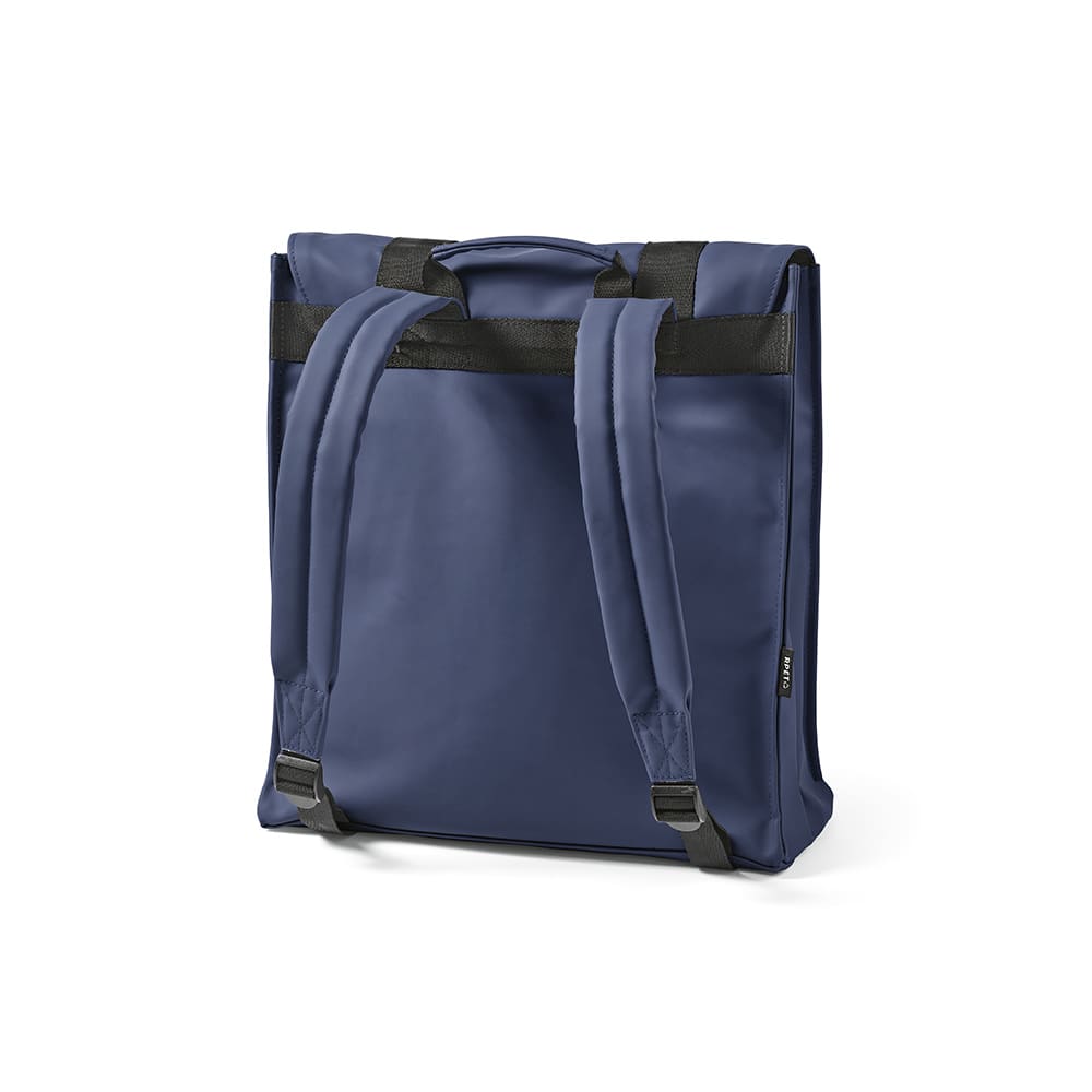A navy backpack featuring black straps, designed to hold a 17" laptop. It has a logo on the exterior.