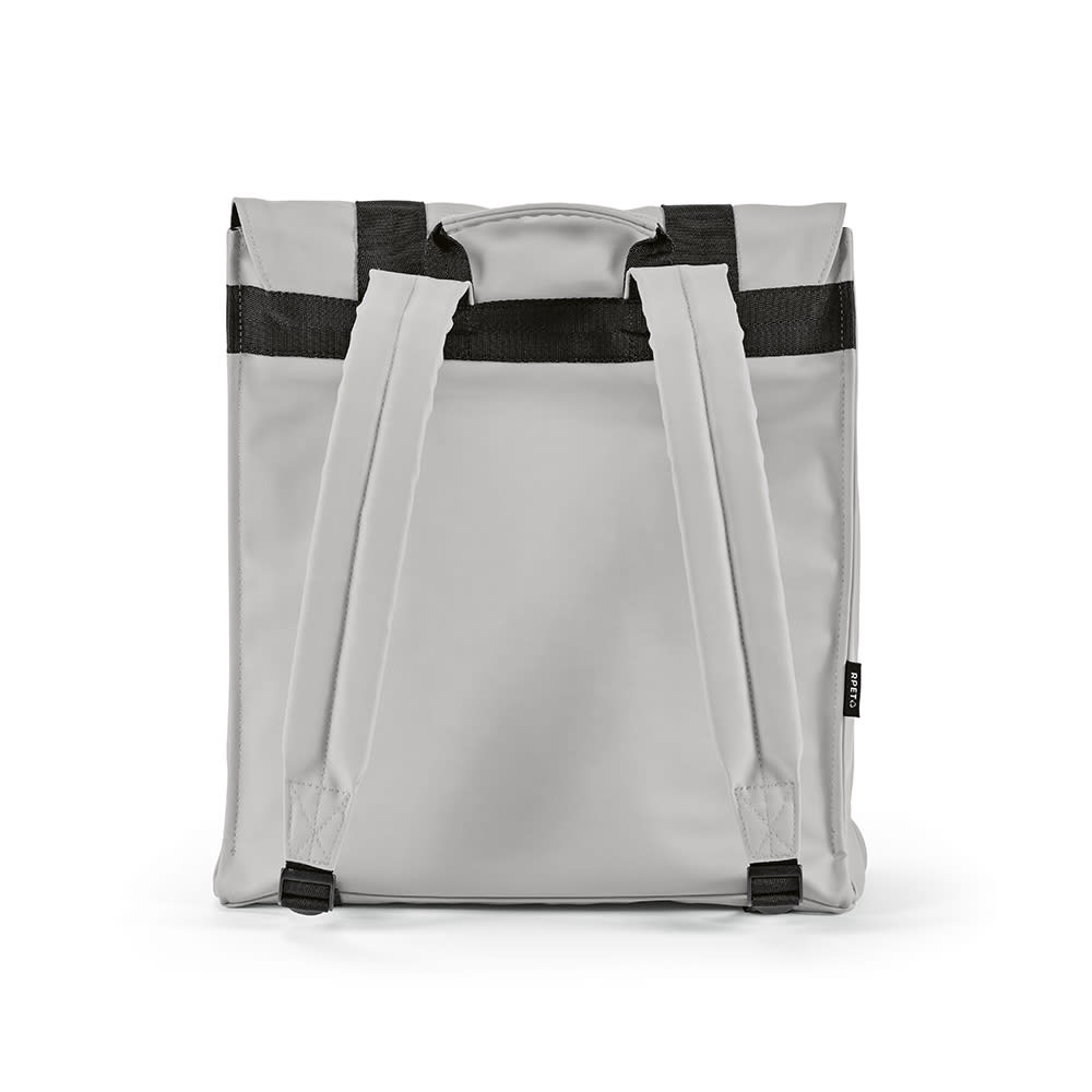 A grey backpack with black straps, featuring a logo, designed to fit a 17" laptop.