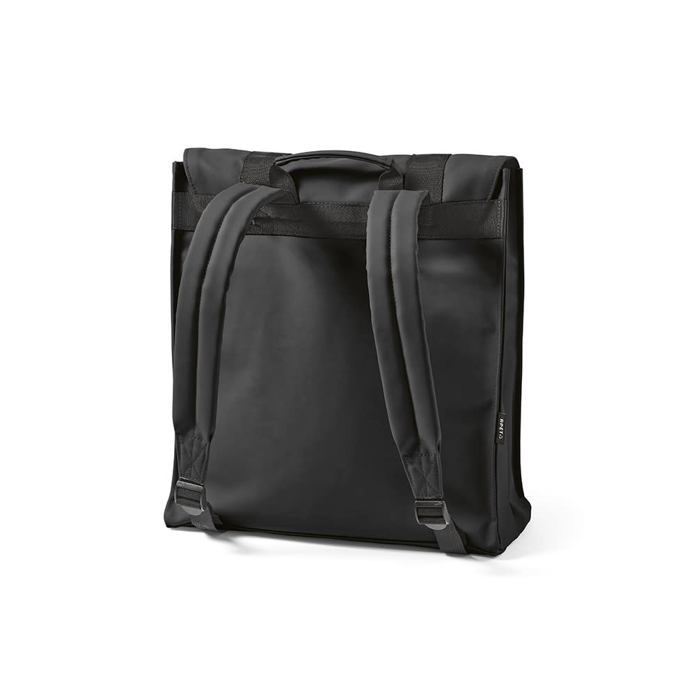 A black backpack with adjustable straps and a handle, designed to fit a 17" laptop. It features a logo.