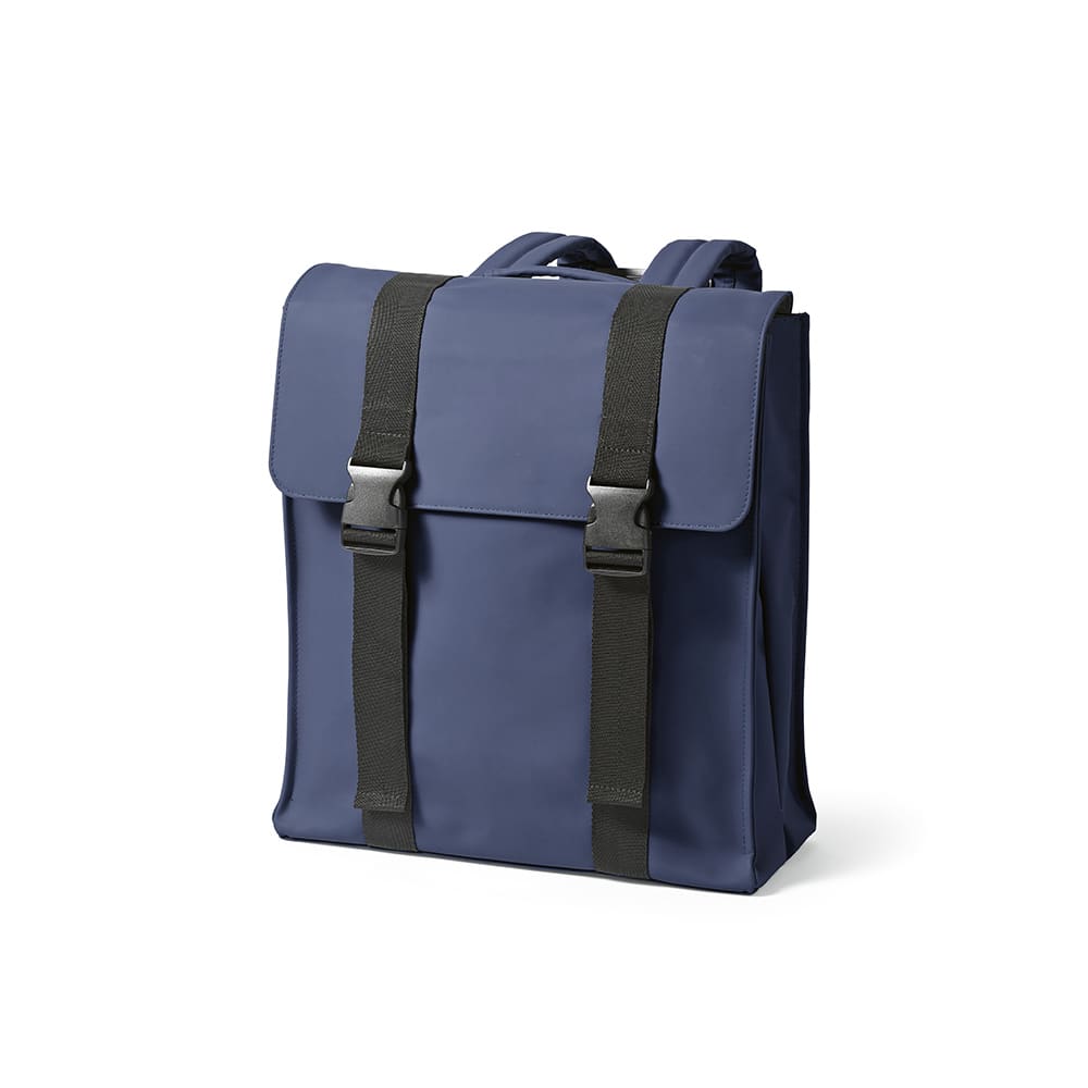 A navy blue backpack with black straps, featuring a flap closure and a logo. Suitable for a 17" laptop.