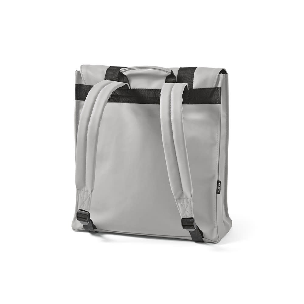 A grey backpack with black straps, designed to fit a 17" laptop, featuring a logo.
