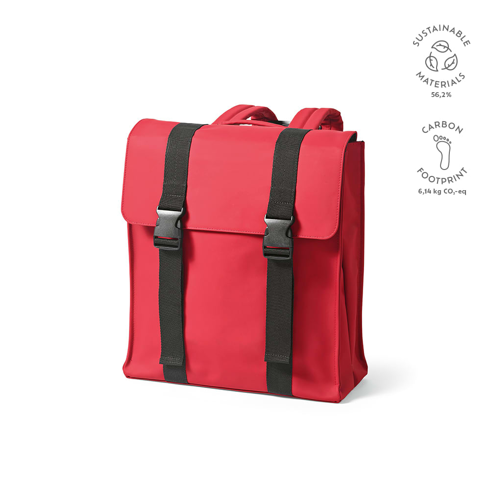 A red backpack made from sustainable materials, featuring adjustable straps and a flap closure. Includes a logo.
