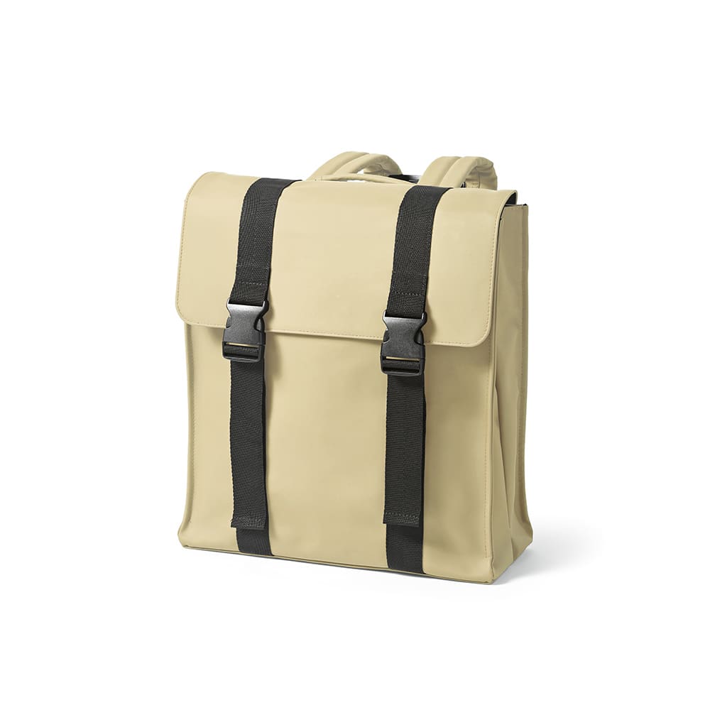 A beige backpack featuring black straps, designed to fit a 17" laptop, includes a branding logo.