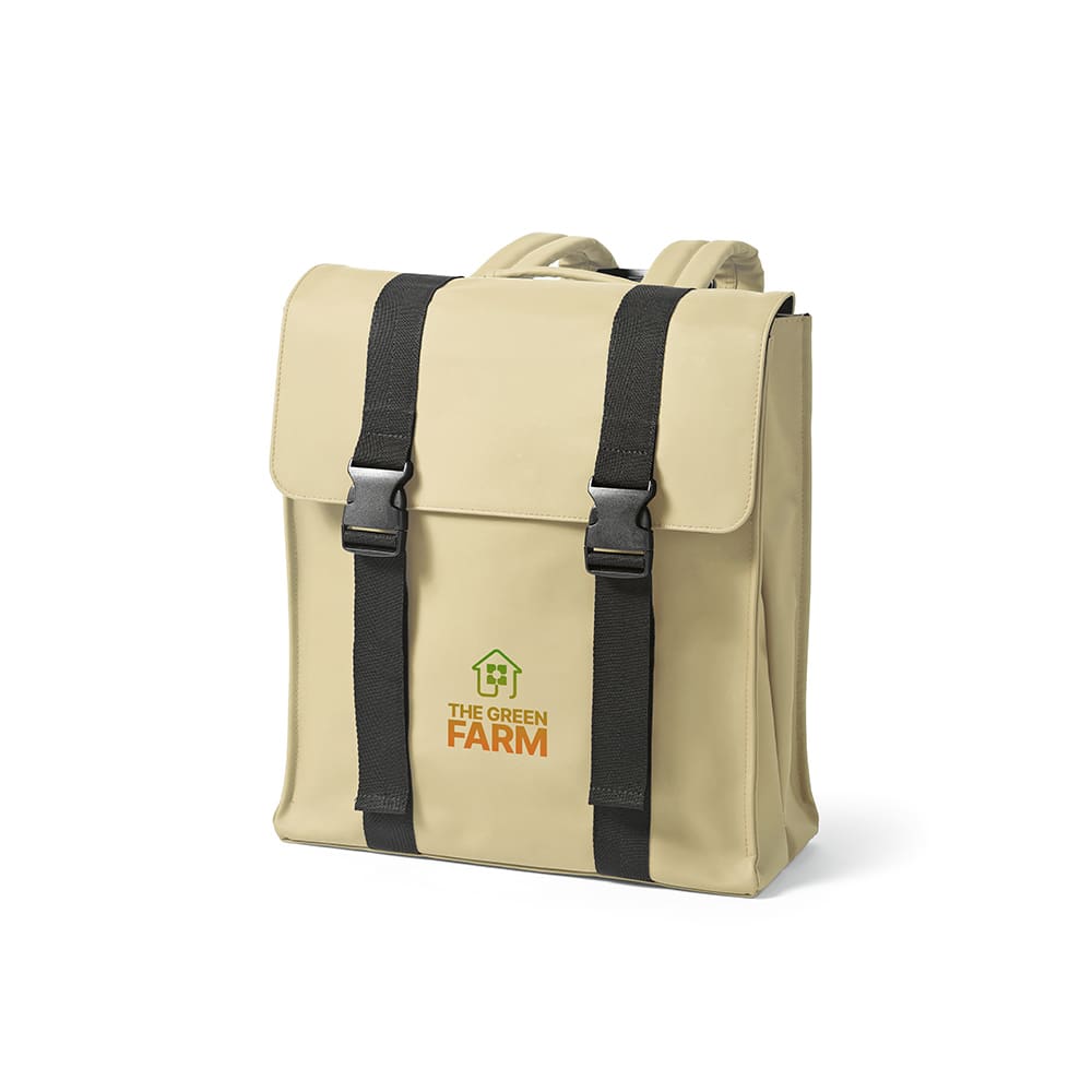 A cream backpack with black straps, featuring a logo on the front, designed to hold a 17" laptop.