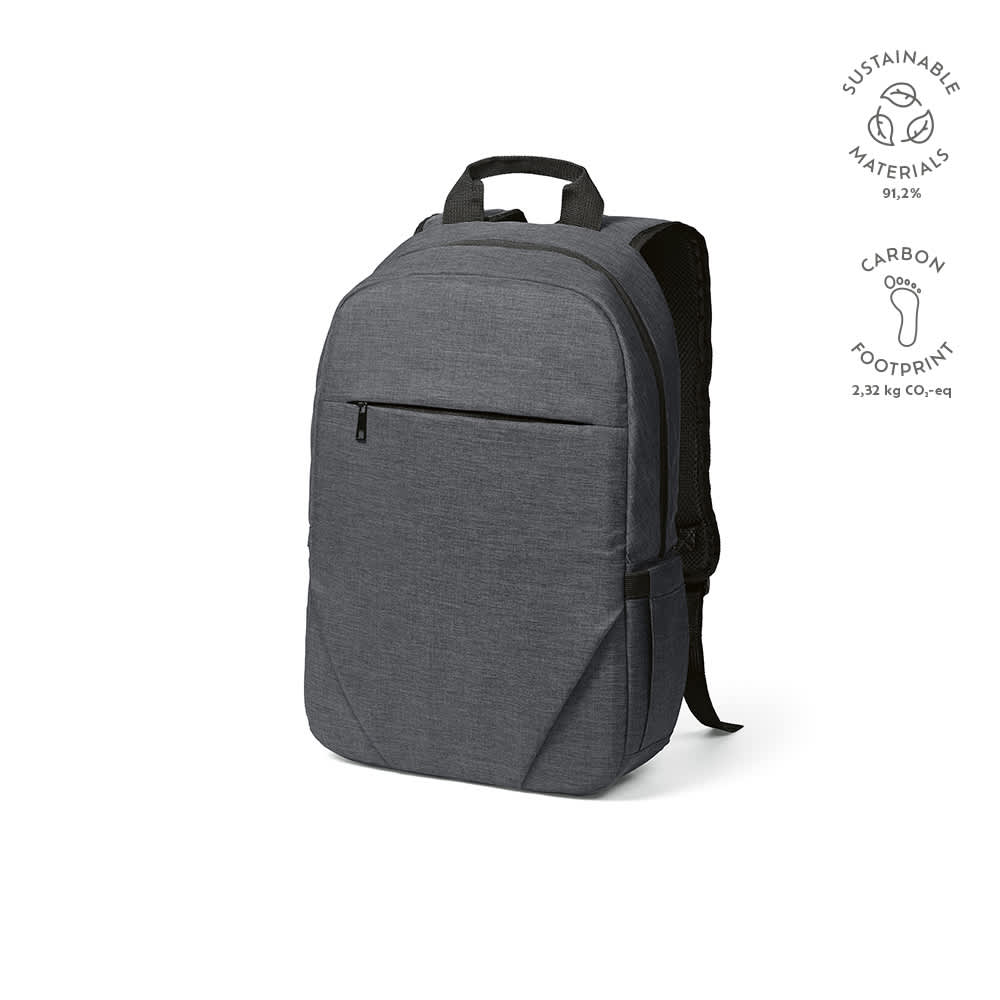 A grey backpack with a front pocket, featuring a laptop compartment for a 17" device and a logo.