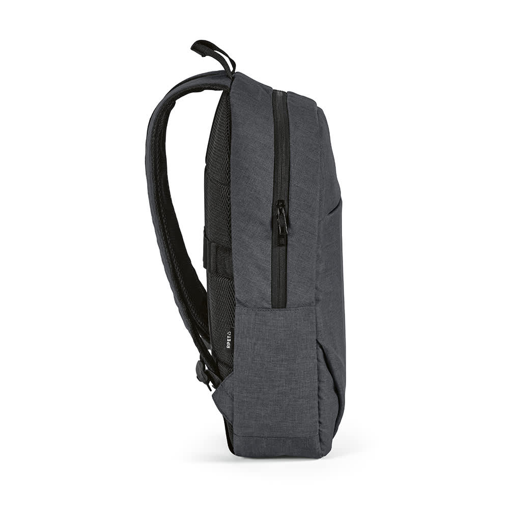 A grey Vilnius Backpack 18L rPET featuring a front pocket and a sleek design, suitable for a 17" laptop.