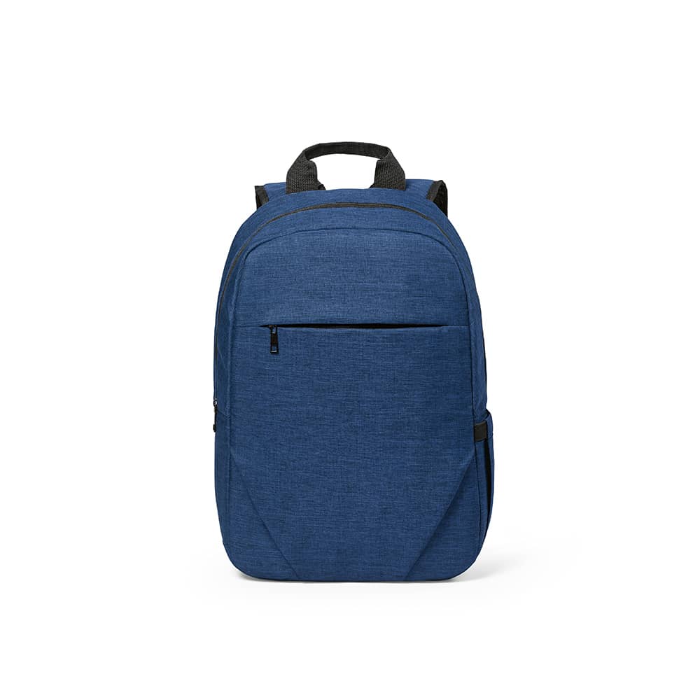 A blue backpack featuring a front pocket and designed to fit a 17" laptop. It has a logo on the front.