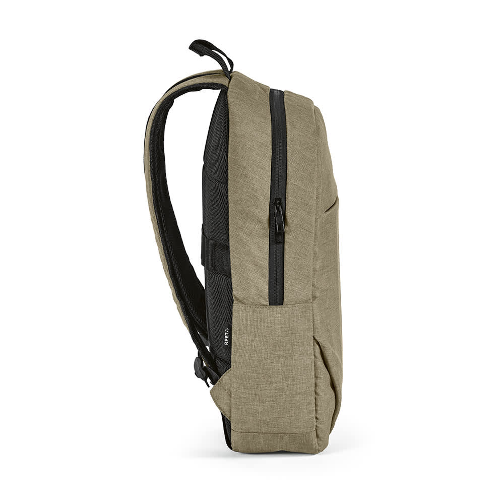 A side view of a khaki Vilnius Backpack with a front pocket, designed for a 17" laptop, featuring a logo.