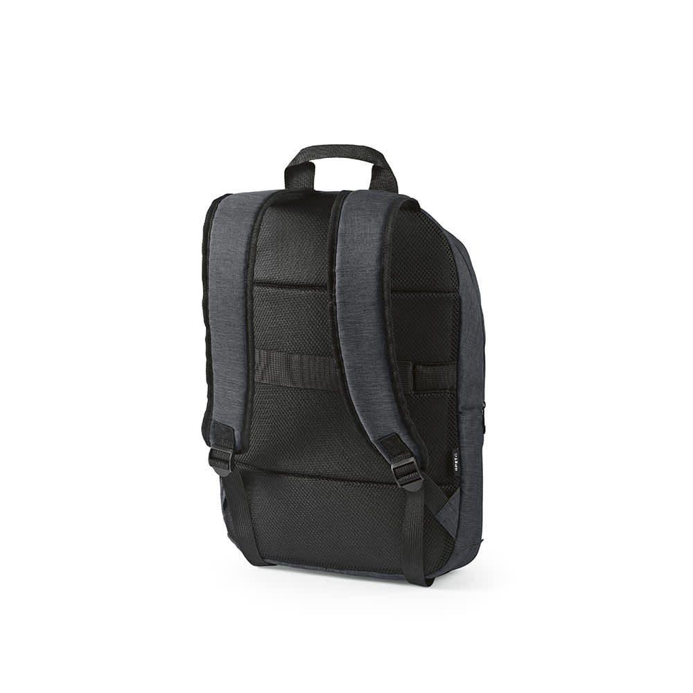 A grey and black backpack with a padded back and adjustable straps. It has a front pocket and fits a 17" laptop.