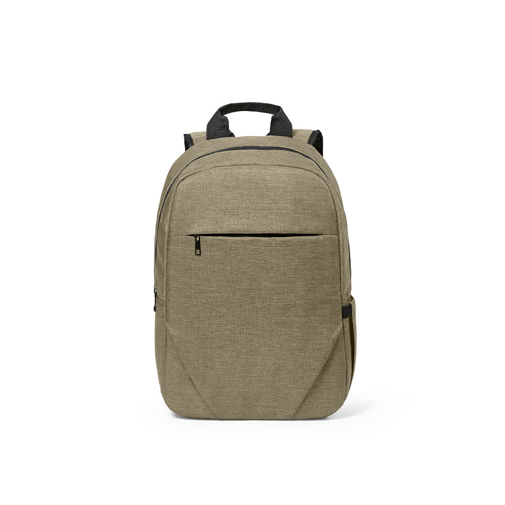 A khaki backpack with a front pocket, featuring a logo. Designed to fit a 17" laptop.