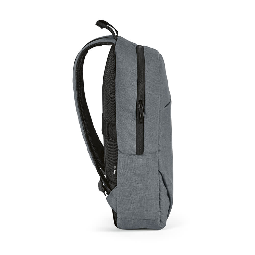 A grey backpack with a front pocket and side zipper, designed to fit a 17" laptop, featuring branded elements.