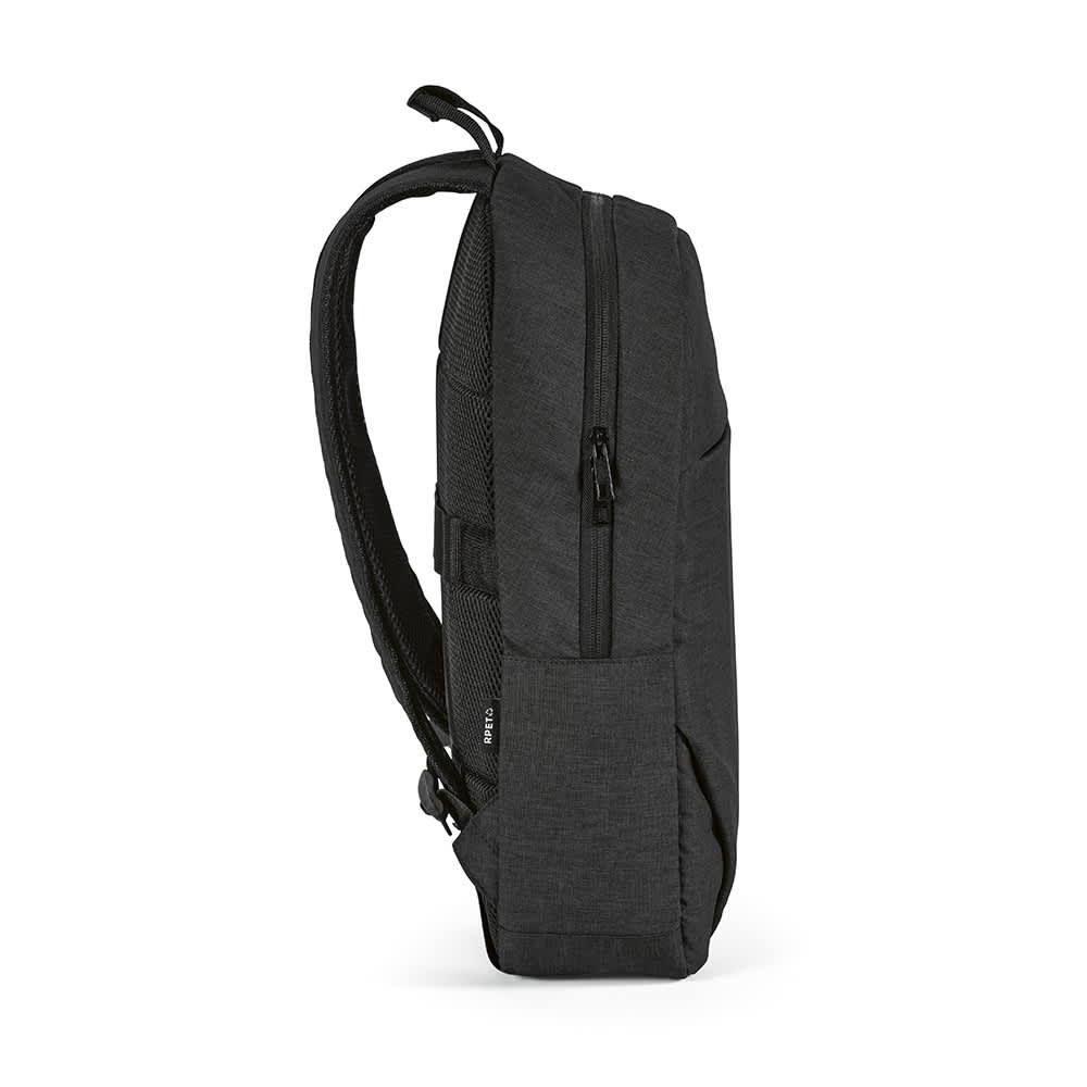 A black Vilnius Backpack 18L rPET with a front pocket and adjustable straps, suitable for a 17" laptop.