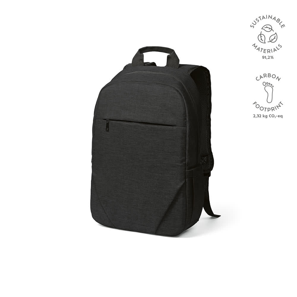 A black backpack with a front pocket, designed for a 17" laptop, featuring a logo and sustainable materials.