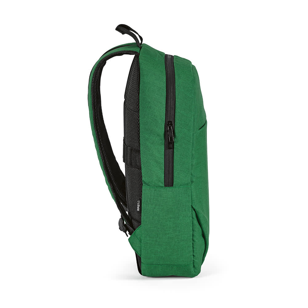 A green backpack with a side view, featuring a front pocket and space for a 17" laptop. Includes a logo.