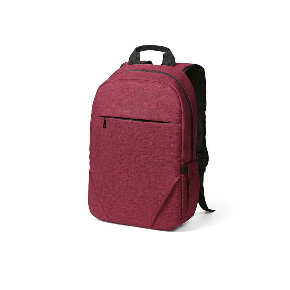 A maroon backpack made from rPET with a front pocket and space for a 17" laptop. It features a logo.