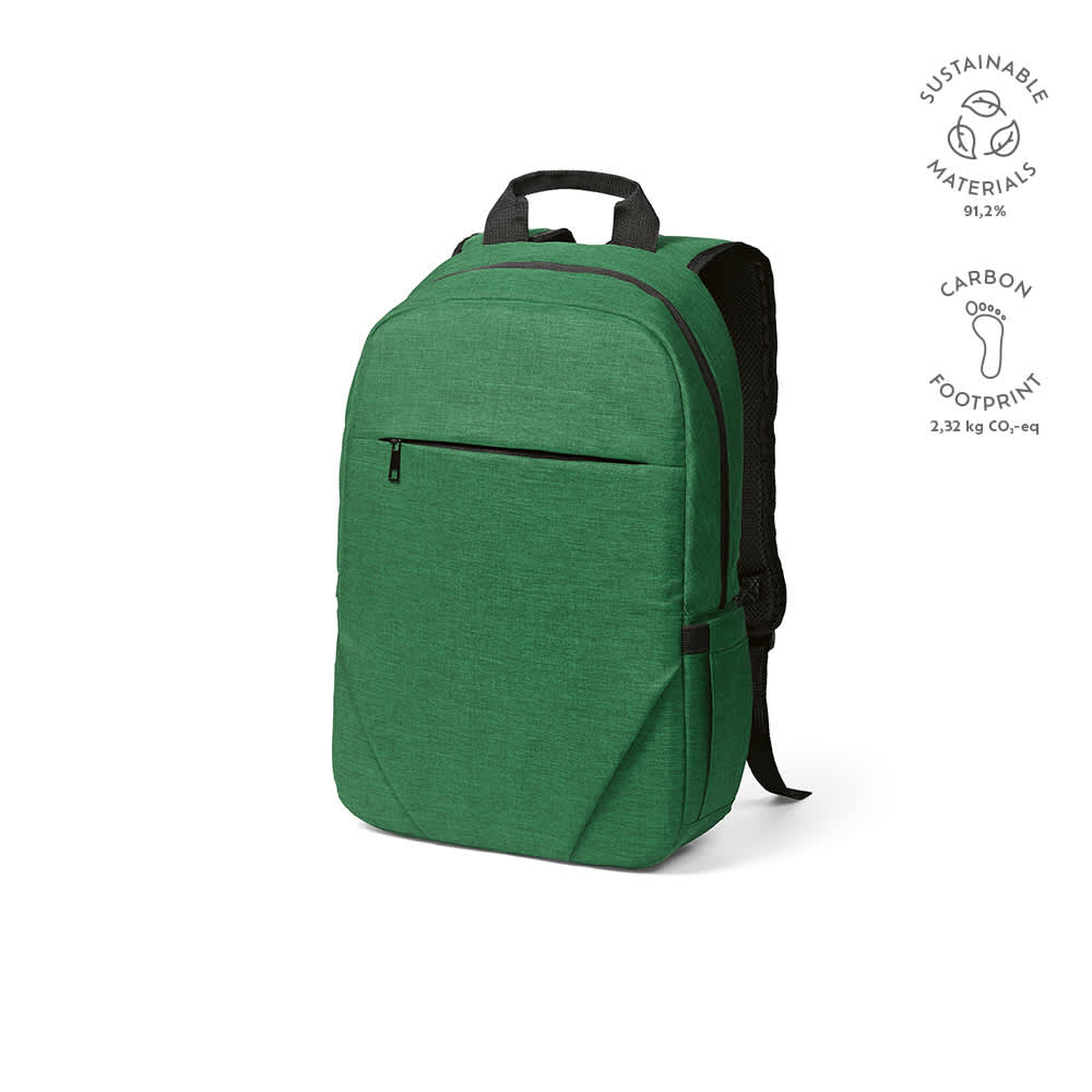 A green backpack with a front pocket, designed for a 17" laptop, featuring sustainable materials and a logo.