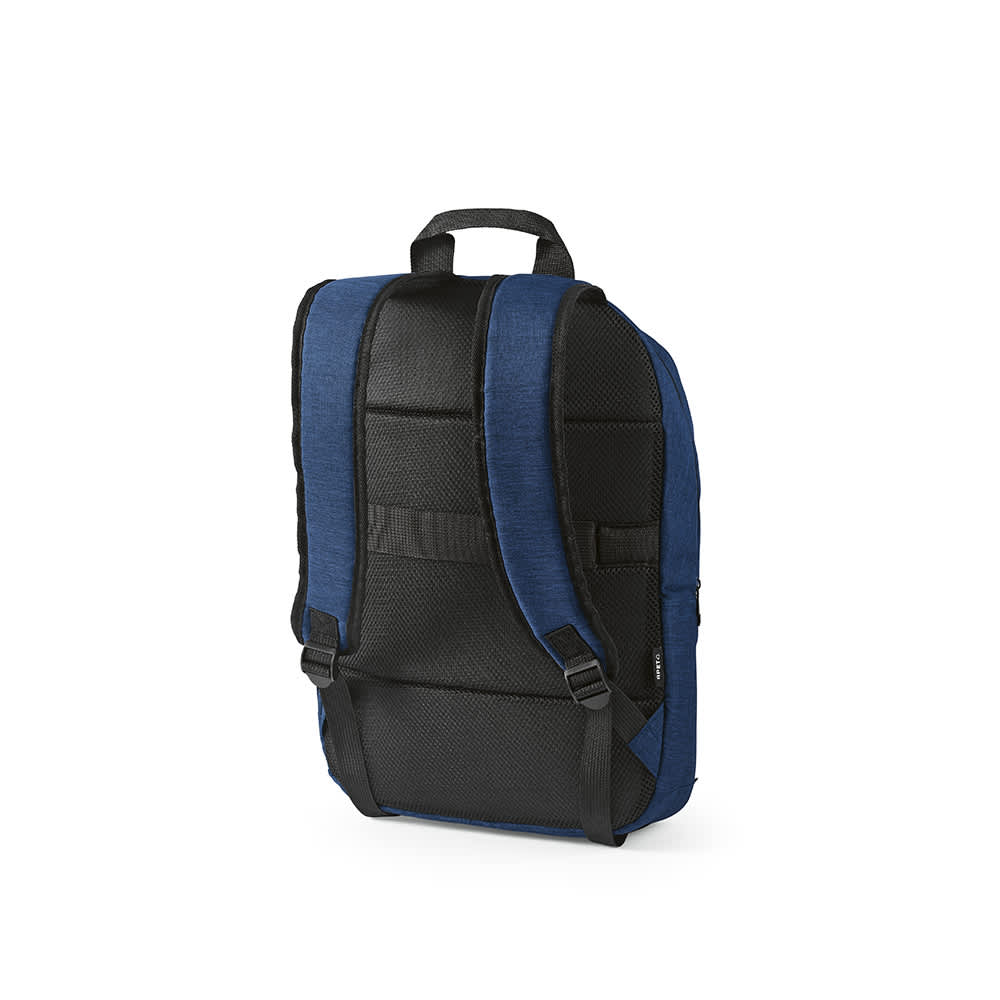 A blue and black backpack featuring padded straps, a mesh back, and a front pocket designed to fit a 17" laptop.