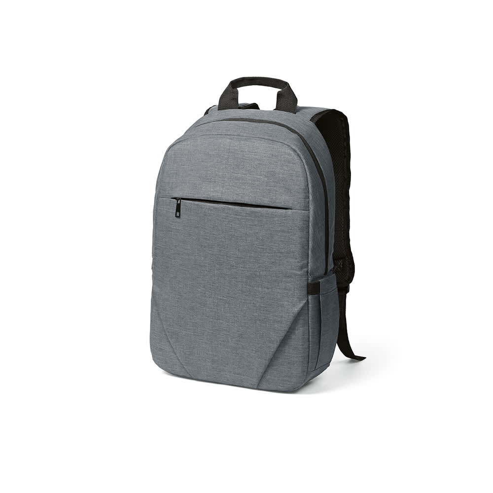 A grey backpack with a front pocket, designed to fit a 17" laptop. It features adjustable straps and a logo.