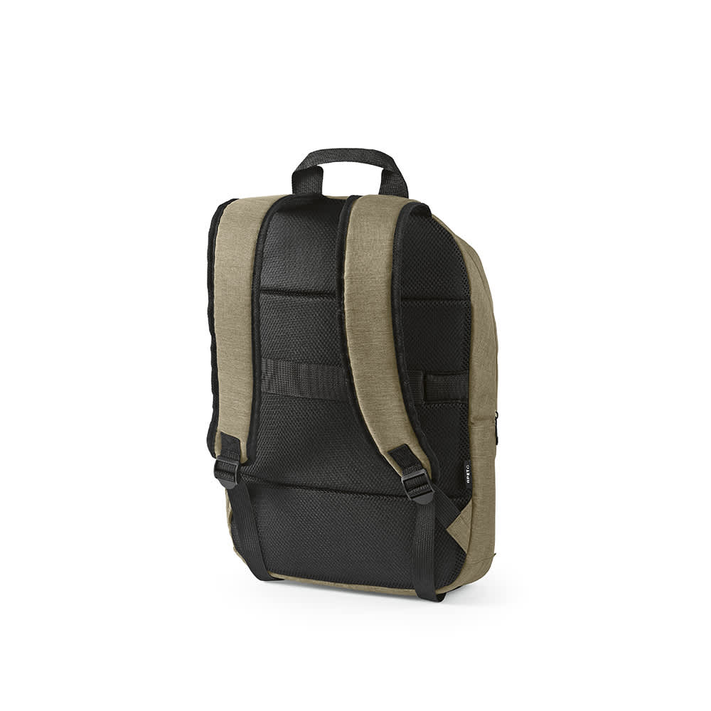 A backpack featuring an olive green body and black detailing, designed for carrying a 17" laptop, with a front pocket and straps.