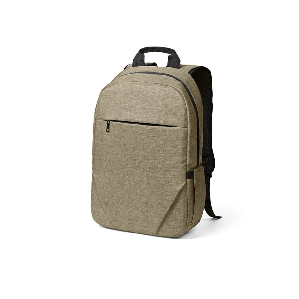 A tan rPET backpack with a front pocket, designed to fit a 17" laptop, featuring adjustable straps.