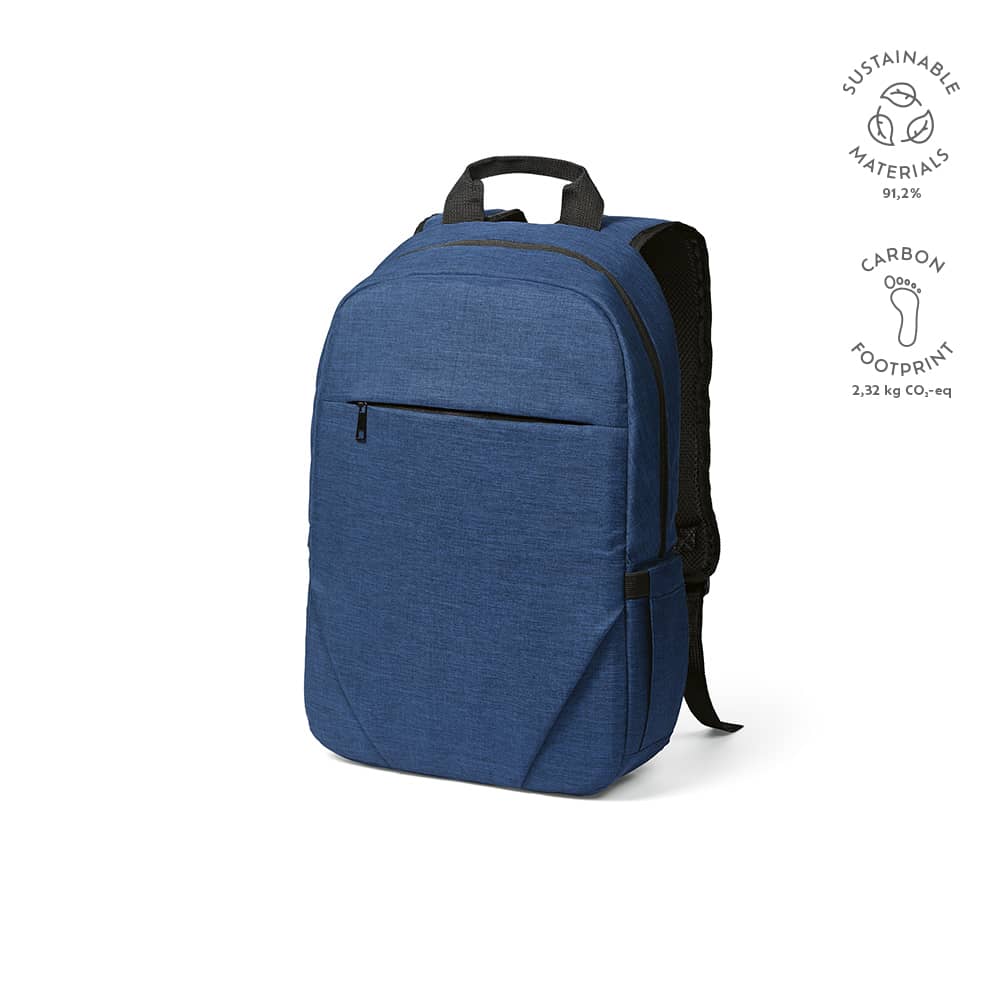 A blue 18L rPET backpack featuring a front pocket and a compartment for a 17" laptop. It has a branding logo.