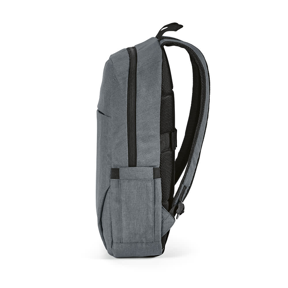 A grey backpack with a front pocket, designed to fit a 17" laptop, featuring adjustable straps and a logo.