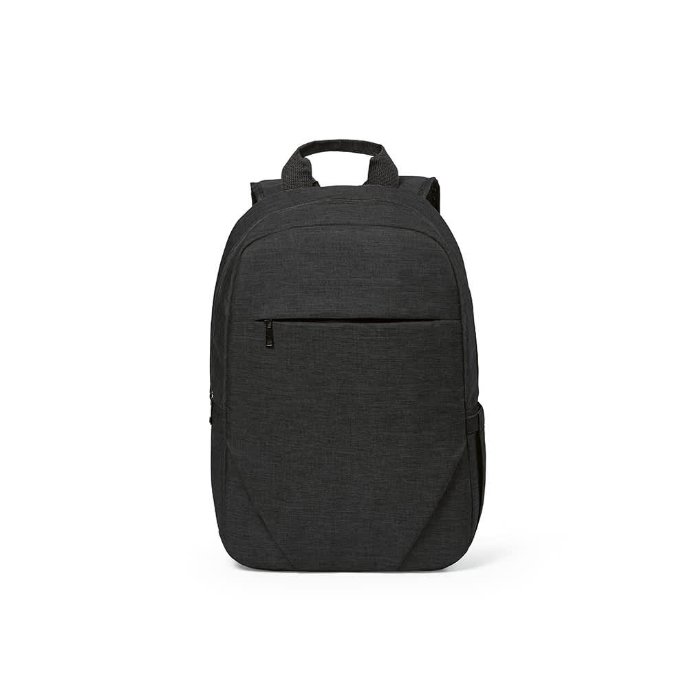 A black backpack with a front pocket, suitable for a 17" laptop, featuring a logo.