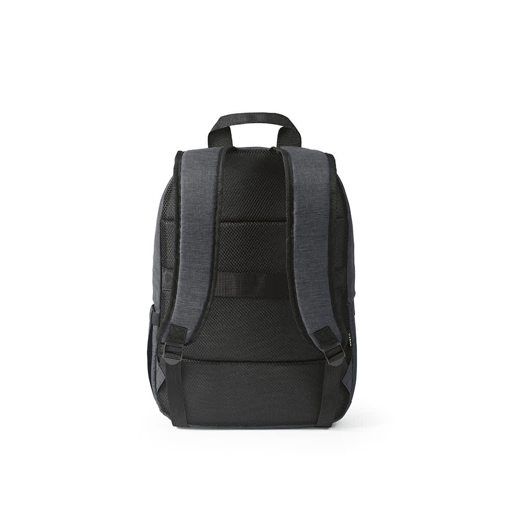 A grey and black Vilnius Backpack with padded straps and a textured back panel, featuring a logo.