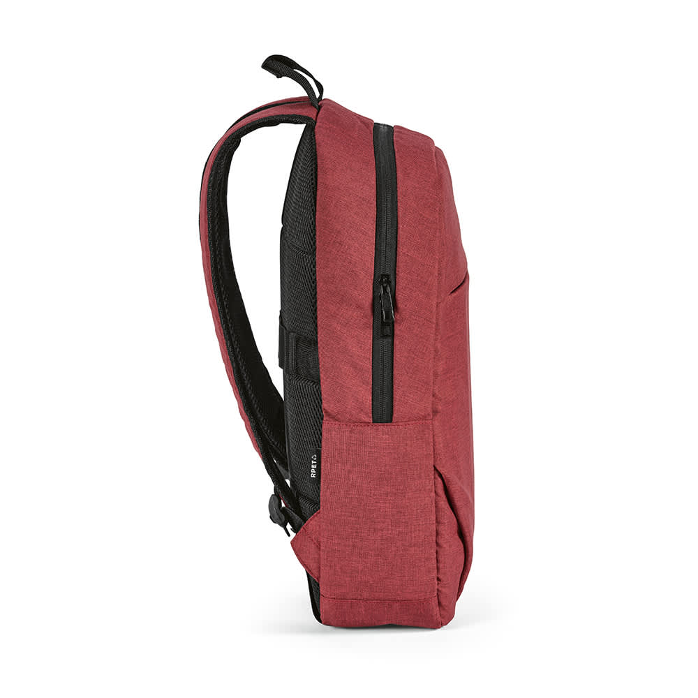 A red backpack with a front pocket, designed to fit a 17" laptop and featuring a branding logo.